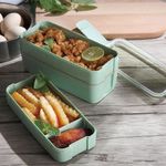 Triple Layered Bento Style Box Eco-Friendly Lunch Set With Cutlery 3 Colours