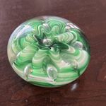 Vintage St Clair Glass Paperweight 4” green & white Wide Ribbon Art