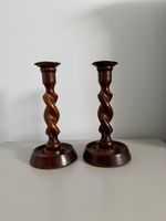 Antique 1890-1910 Late Victorian/Edwardian Oak Barley Twist Brass Candlesticks