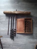 1950's Locust Auger Handle With 4 Large Bits & A Wooden 6-pack Smalll Drill Bits
