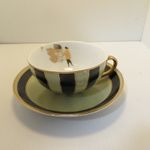 Art Deco Style Teacup Saucer Black Celadon Green Striped Gold Trim Bone China
