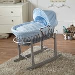 Baby Moses Basket With Stand Blue Dimple Bedding and Mattress Grey Rocking Stand