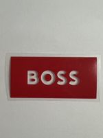 2 x  red box  iron on Transfer decals b oss 5cm X 2.4cm Sports Logos HTV