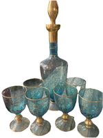 Murano Venetian 6 Wine Glasses & Decanter Set - Hand Painted With Gold Accents