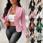 Womens Long Sleeve Button Up V Neck Blazer Suits Work Jacket Coat Slim Top SIZE