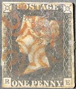 GB QV Stamp 1840 SG2 1d black, plate 1b "RE", 4 margins, red MX, SG RRP £425