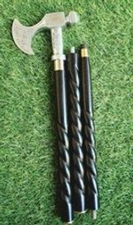 Silver Finish Axe Head Handle Vintage Spiral Black 37" Wooden Walking Stick Cane