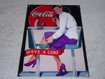 VINTAGE "COCA COLA" HAVE A COKE SODA FOUNTAIN 12" WOMAN METAL GASOLINE OIL SIGN!