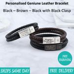 Rome Brown Black Leather & Steel Mens Personalised Engraved Bracelet - Christmas
