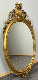 Vintage French Oval Gilt Wall Mirror with Floral Urn Crest Wall Decor LOT 4372