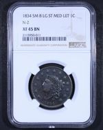 1834 Coronet Head Large Cent (Sm 6, Lg St, Med Let) (N-2) - NGC XF45 BN