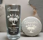 Personalised Malibu Glass & Slate Coaster Gift Set ANY Name & Message Rum Glass