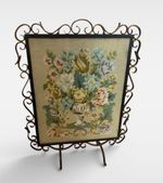 Antique Vintage Art Deco Cast iron  floral tapestry needlework  fire screen