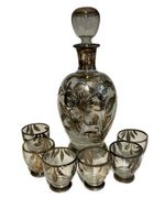 Vintage Silver Overlay Glass Decanter With 6 Liquor Glasses Height 23cm