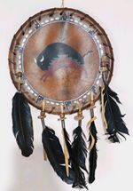 Native American Style Buffalo Hide Shield Leather Feathers Southwestern Wall Art