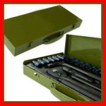 BLACK SOCKETS SET ARMY GREEN METAL CARRY CASE BOX RATCHET WRENCH 1/2" INCH DRIVE