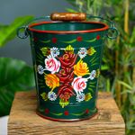23cm Tall Hand Painted Green Narrowboat Style Bucket Planter