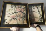 Pair Vintage Paintings Chinese Japanese Asian Mid Century Birds Blossom Signed