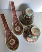 2 Small Chinese Porcelain Bowls, Cups With 2 Porcelain Spoons