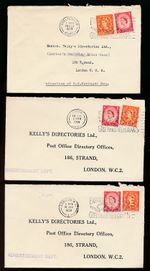 GB 1958 POSTMARK GREETINGS TELEGRAMS SLOGAN...KELLYS DIRECTORIES PERFINS 3 ITEMS