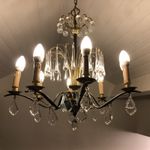 French Eight Arm Tear Drop Chandelier In Brass and Crystal