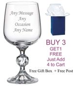 Personalised wine glass 340ml with Blue Gift Box, Any Message Engraved