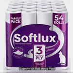 Softlux 3 Ply Quilted White Toilet Roll Tissue Multipack, 54 Rolls (54 Pack)