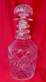 Strawberry Diamond Cut Glass Decanter — Straight Sided, Triple Ring Neck