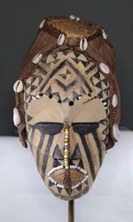 Kuba Ngday Mwaash Mask DRC Textile , Cowrie Shells And Beads 24cm tall
