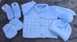 NEW Hand Knitted Blue Set, Cardigan, Bobble Hat, Mittens & Booties 0-3 Mths 