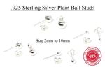 925 Sterling Silver Plain Ball Stud Earrings  Sizes 2mm to 10mm