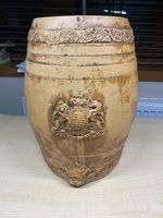 Stoneware salt glaze spirit barrel 33cm tall Royal coat of arms VGC