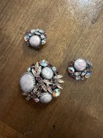 Vtg Weiss Purple Rhinestone Round  Cabochon Brooch And Clip On Earrings Set