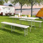 6FT Heavy Duty Plastic Folding Table w/ 2 Benches for Garden, Camping, Party