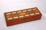Antique Oak/Mahogany Cribbage Box Geometric Wood Inlays Bone With Pegs - Cards