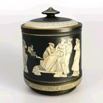 Prattware Cylindrical Tobacco Jar and Cover Pratt Fenton ''Old Greek 5.6in