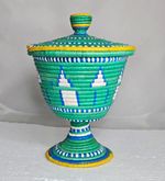 Vintage Ethiopian Harari Lidded Pedestal Basket 23.5cm - Hand Coiled Muday