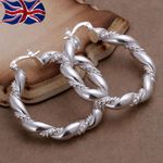 925 Sterling Silver Hoop Earrings Large Twisted Rope Chunky Gift Bag UK