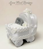 NAPPY CAKE PRAM baby girl or baby boy for baby shower or maternity gift white