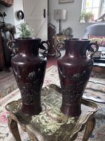 Pair Oriental Bronze Vases Japanese Meiji Style Dragon Handles Bird Relief 