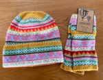 Gemjar Mustard Top Nordic Heart Winter Hat and Matching Fingerless Gloves