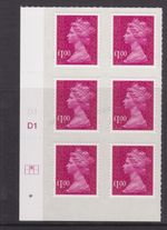 GB SG U2933 MNH MINT STAMP MACHIN DEFINITIVE £1 MAGENTA M11L MAIL CYL BLOCK R1C2
