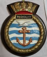 HMS Torquay - Ship Crest Plaque Badge, Hand-Painted, Solid Mahogany Mount, 491g