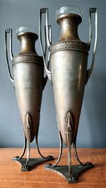 Pair Antique Art Nouveau WMF Silver Plated Amphora Vases Glass Liners 32cm Tall