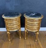 Pair Round French Gilt Louis XVI Bedside Lamp Side Tables Black White Marble Top