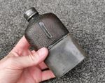 Vintage Blown Glass Hip Flask Leather Pewter Cup Display Collectable Prop Only