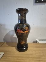 Vintage Vietnamese Large Wooden Black Lacquered & Hand Painted Vase. VGC