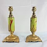 Vintage Italian Brass Green Onyx Candlesticks Pair Rococo Gothic Candle Holders