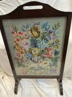 Vintage Mahogany Needlepoint Fire Screen Floral Tapestry Panel Fireplace Guard