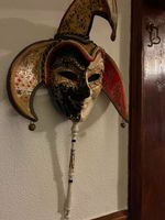Venetian Jester Wall Mask Papier Mache Painted Black White Gold Red, Italian